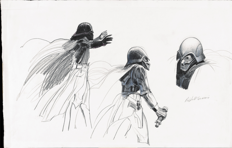 Concept sketches, Darth Vader. The helmet sketch has been printed frequently in the past, but only from a photographic transparency – the photograph caused the helmet and chest to appear softer than the faceplate, and the helmet appeared distorted. It is accurately reproduced here for the first time. © Abrams Books, 2016 (C) 2016 Lucasfilm Ltd. And TM. All Rights Reserved. Used Under Authorization